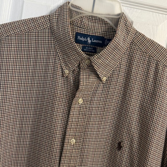Ralph Lauren Blake Button Down Shirt Plaid Checkered‎ Long Sleeve XL Brown Ivory - Picture 1 of 6